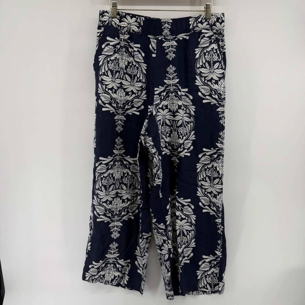 Rachel Zoe Navy White Floral Damask 100% Linen Wide Leg Cropped Pants Womens L